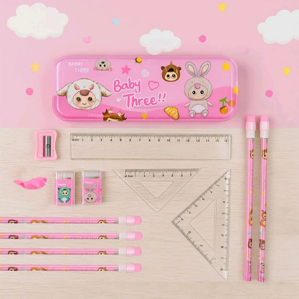 Cartoon Stationery Gift Set for Kids – Includes Metal Pencil Box, 6 Pencils, 2 Erasers, Sharpener, Ruler, 2 Square & More – Ideal School Supply Combo for Boys & Girls (14 Pc)
