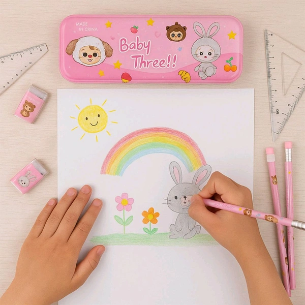 Cartoon Stationery Gift Set for Kids – Includes Metal Pencil Box, 6 Pencils, 2 Erasers, Sharpener, Ruler, 2 Square & More – Ideal School Supply Combo for Boys & Girls (14 Pc)