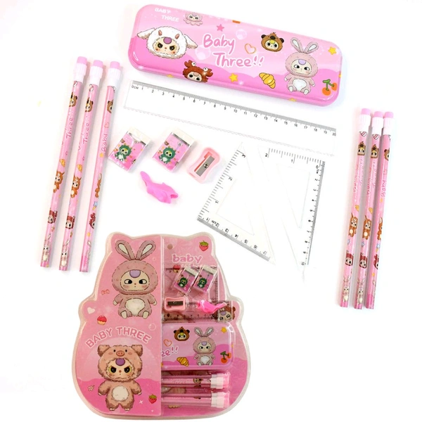 Cartoon Stationery Gift Set for Kids – Includes Metal Pencil Box, 6 Pencils, 2 Erasers, Sharpener, Ruler, 2 Square & More – Ideal School Supply Combo for Boys & Girls (14 Pc)
