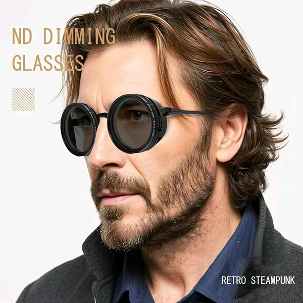 Adjustable Lens Sunglasses | Steampunk Style Retro Round Frame | 9-Level Brightness ND Filter for Day & Night Use