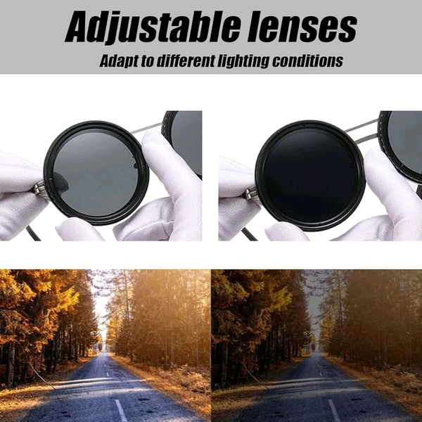 Adjustable Lens Sunglasses | Steampunk Style Retro Round Frame | 9-Level Brightness ND Filter for Day & Night Use