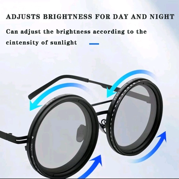 Adjustable Lens Sunglasses | Steampunk Style Retro Round Frame | 9-Level Brightness ND Filter for Day & Night Use