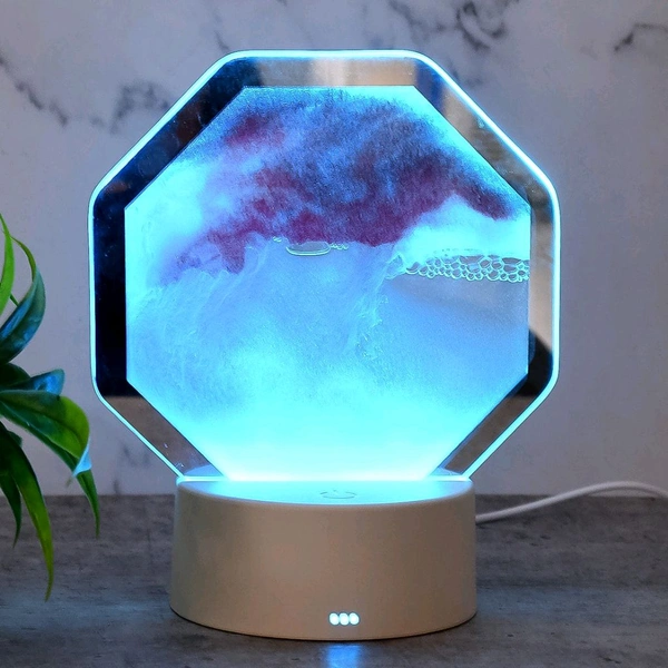 LED Moving Sand Art Table Lamp with Color-Changing Light, USB Rechargeable & Battery Operated Desktop Sandscape Decoration with Syringe Refill