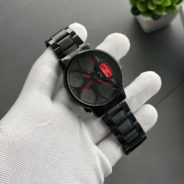 Car Alloy Wheel Dial Watch – Men’s Black Steel Strap, Non-Gyro Design, Stylish Motorsport-Inspired Timepiece - Red