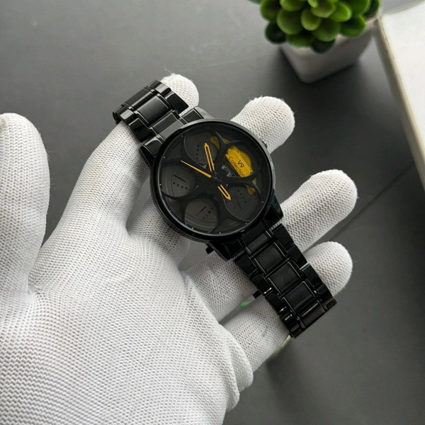 Car Alloy Wheel Dial Watch – Men’s Black Steel Strap, Non-Gyro Design, Stylish Motorsport-Inspired Timepiece - Yellow