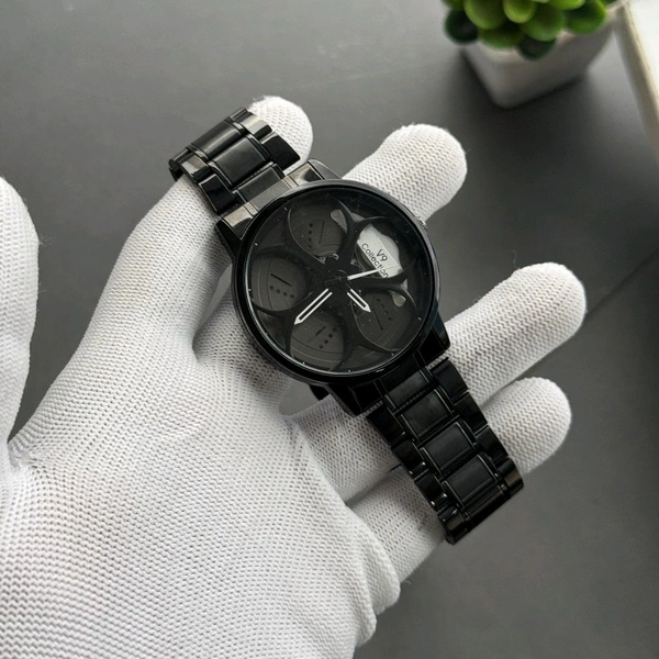 Car Alloy Wheel Dial Watch – Men’s Black Steel Strap, Non-Gyro Design, Stylish Motorsport-Inspired Timepiece - White