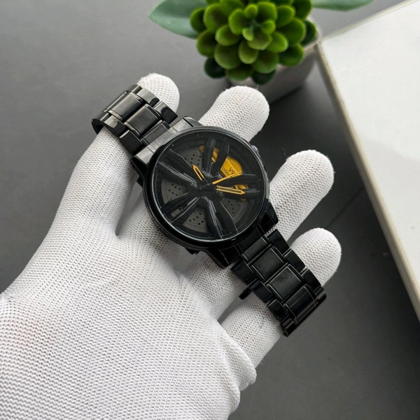 Car Alloy Wheel Dial Watch – Men’s Black Steel Strap, Non-Gyro Design, Stylish Motorsport-Inspired Timepiece - Yellow