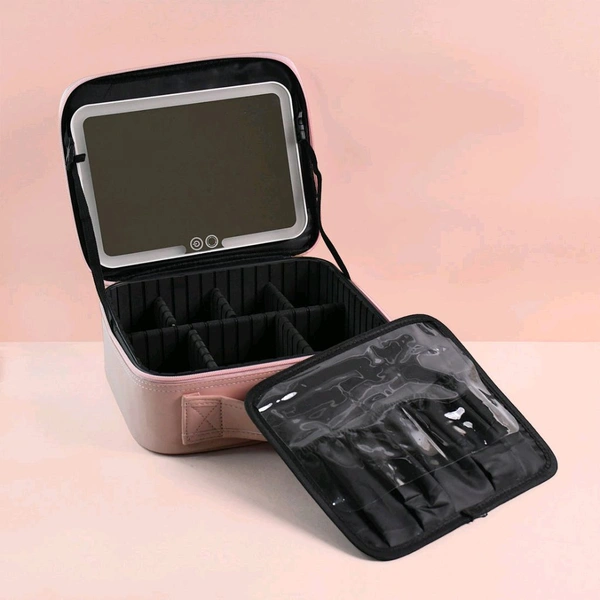 Premium Pink LED Light Makeup Organizer Box with Touch Sensor Mirror – Portable Adjustable Cosmetic Storage Case with USB Charging