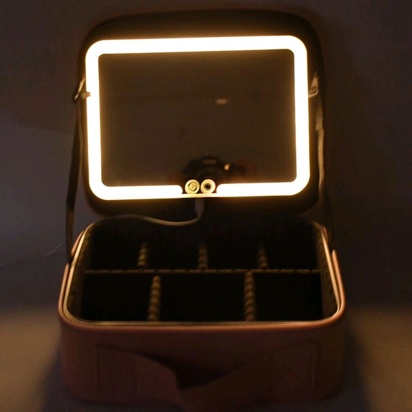 Premium Pink LED Light Makeup Organizer Box with Touch Sensor Mirror – Portable Adjustable Cosmetic Storage Case with USB Charging