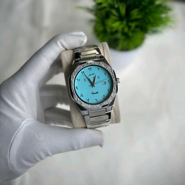 Luxury Quartz Men's Watch – Sabr Edition | 41MM Dial | Date Display | Arabic Numerals | Stainless Steel Strap - Blue