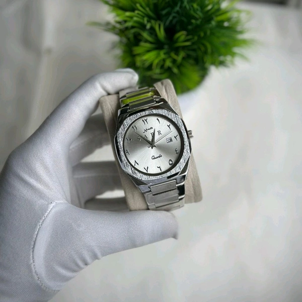 Luxury Quartz Men's Watch – Sabr Edition | 41MM Dial | Date Display | Arabic Numerals | Stainless Steel Strap - Silver