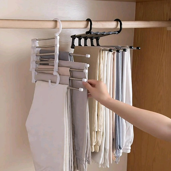Household Plastic & Stainless Steel 5 In 1 Multi-Layered Mass Pant Hangers, Folding Storage Pant Rack Shelves - Pack Of 2