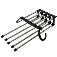 Household Plastic & Stainless Steel 5 In 1 Multi-Layered Mass Pant Hangers, Folding Storage Pant Rack Shelves - Pack Of 2