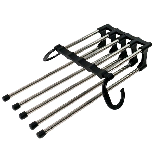 Household Plastic & Stainless Steel 5 In 1 Multi-Layered Mass Pant Hangers, Folding Storage Pant Rack Shelves - Pack Of 2