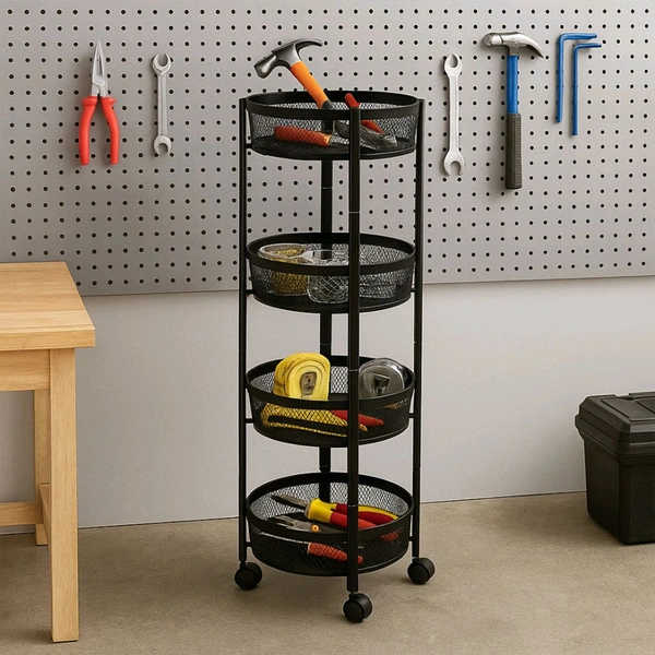 4-Layer Round Metal Mesh Storage Organizer Rack with Wheels – Rolling Utility Cart for Kitchen, Bathroom, Bedroom & Office – Brown Box Packing