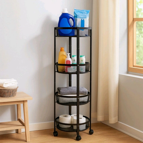 4-Layer Round Metal Mesh Storage Organizer Rack with Wheels – Rolling Utility Cart for Kitchen, Bathroom, Bedroom & Office – Brown Box Packing