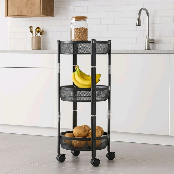 3-Layer Round Metal Mesh Utility Storage Trolley with Wheels – Multipurpose Organizer Rack for Kitchen, Office & Bathroom – Brown Box Packaging
