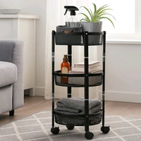 3-Layer Round Metal Mesh Utility Storage Trolley with Wheels – Multipurpose Organizer Rack for Kitchen, Office & Bathroom – Brown Box Packaging
