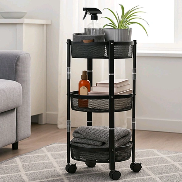 3-Layer Round Metal Mesh Utility Storage Trolley with Wheels – Multipurpose Organizer Rack for Kitchen, Office & Bathroom – Brown Box Packaging
