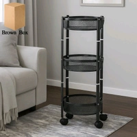 3-Layer Round Metal Mesh Utility Storage Trolley with Wheels – Multipurpose Organizer Rack for Kitchen, Office & Bathroom – Brown Box Packaging
