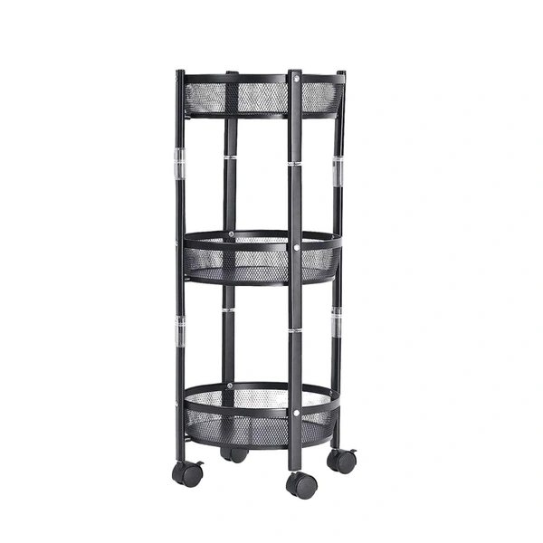 3-Layer Round Metal Mesh Utility Storage Trolley with Wheels – Multipurpose Organizer Rack for Kitchen, Office & Bathroom – Brown Box Packaging
