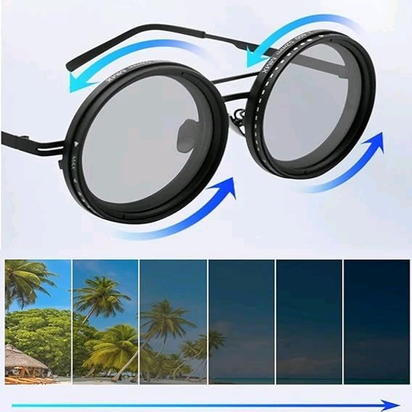 Adjustable Lens Sunglasses | Steampunk Style Retro Round Frame | 9-Level Brightness ND Filter for Day & Night Use - Silver