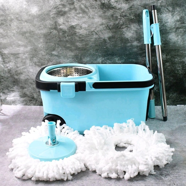 360° Spin Mop with Super Absorbent Microfiber Heads, Stainless Steel Wringer and Adjustable Handle – Easy Wheels Bucket Mop Set for Home, Kitchen, and Office Floor Cleaning