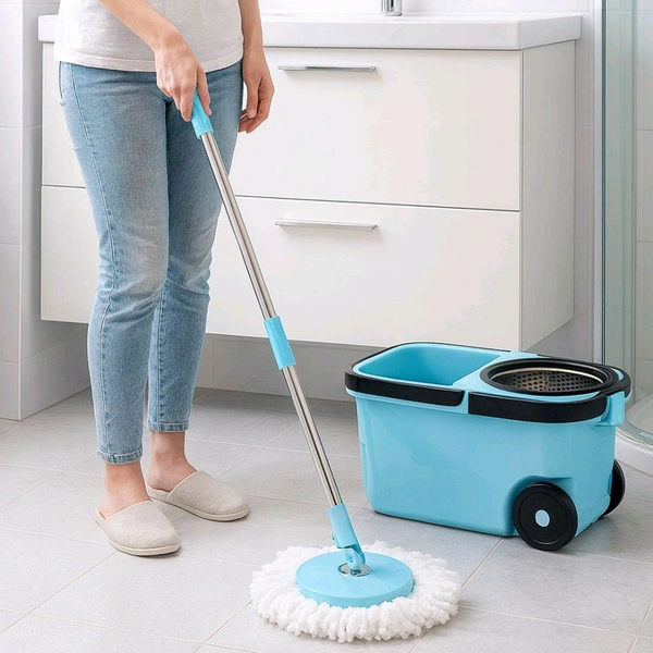 360° Spin Mop with Super Absorbent Microfiber Heads, Stainless Steel Wringer and Adjustable Handle – Easy Wheels Bucket Mop Set for Home, Kitchen, and Office Floor Cleaning