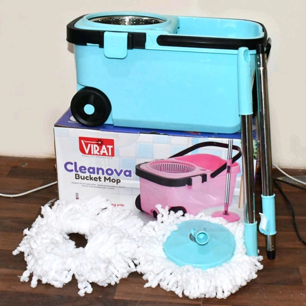 360° Spin Mop with Super Absorbent Microfiber Heads, Stainless Steel Wringer and Adjustable Handle – Easy Wheels Bucket Mop Set for Home, Kitchen, and Office Floor Cleaning