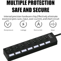 USB Splitter Multi Port USB 2.0 Hub, 7 Port with Independent On/Off Switch and LED Indicators USB A Port Data Hub, Suitable for PC Computer Keyboard Laptop Mobile HDD, Flash Drive Etc