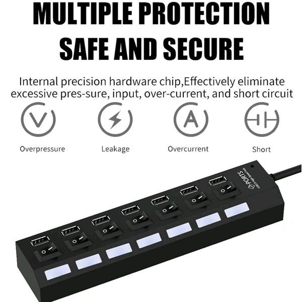 USB Splitter Multi Port USB 2.0 Hub, 7 Port with Independent On/Off Switch and LED Indicators USB A Port Data Hub, Suitable for PC Computer Keyboard Laptop Mobile HDD, Flash Drive Etc