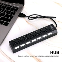 USB Splitter Multi Port USB 2.0 Hub, 7 Port with Independent On/Off Switch and LED Indicators USB A Port Data Hub, Suitable for PC Computer Keyboard Laptop Mobile HDD, Flash Drive Etc