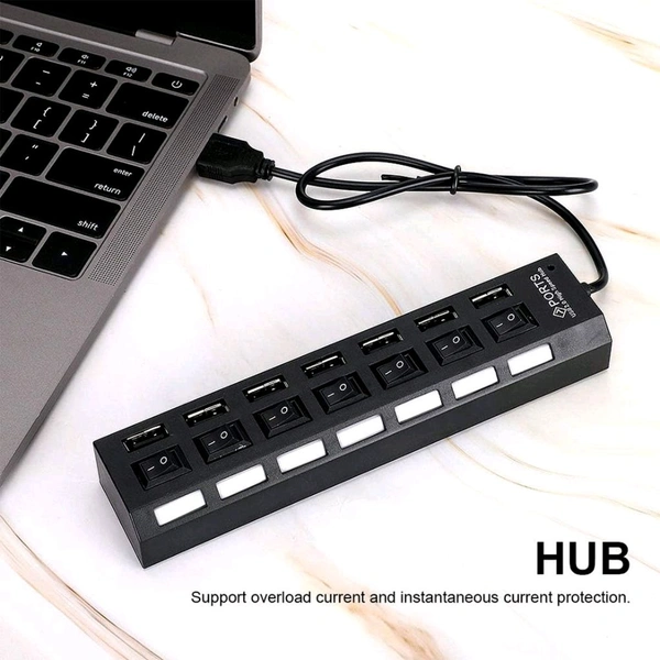 USB Splitter Multi Port USB 2.0 Hub, 7 Port with Independent On/Off Switch and LED Indicators USB A Port Data Hub, Suitable for PC Computer Keyboard Laptop Mobile HDD, Flash Drive Etc