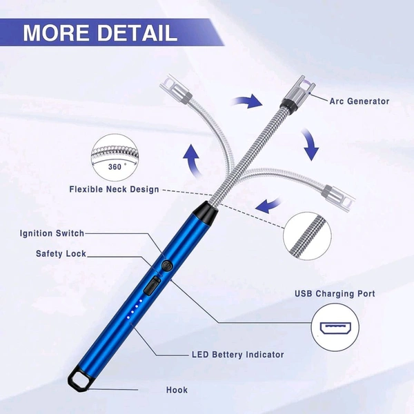 Metal Rechargeable Electric Arc Lighter with Flexible Neck – Windproof USB Candle and BBQ Lighter for Kitchen, Outdoor & Camping Use (1 Pc)