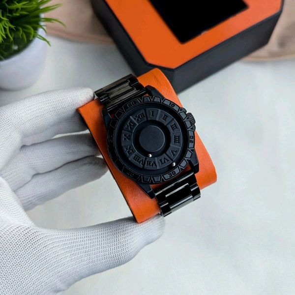 New Magnetic Ball Watch for Men – Unique Rotating Dial, Luxury Black Steel Strap, Minimal Arabic Numerals, Fashion Business Casual Timepiece - Roman Spiral
