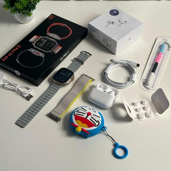 First Time Ultra 2 With AirPods Pro 2 Premium Combo, Including Ocean, Tail Loop Strap, Premium Case - Gray