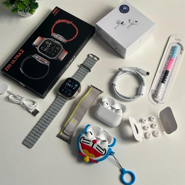 First Time Ultra 2 With AirPods Pro 2 Premium Combo, Including Ocean, Tail Loop Strap, Premium Case - Gray