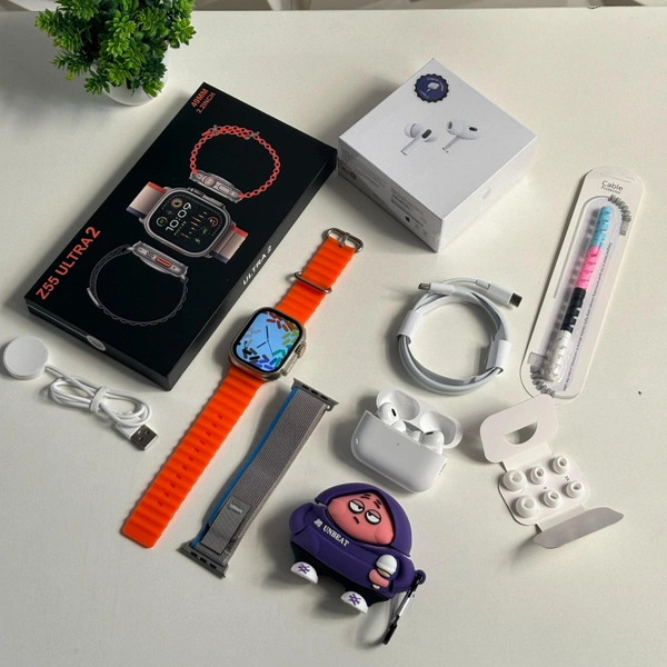 First Time Ultra 2 With AirPods Pro 2 Premium Combo, Including Ocean, Tail Loop Strap, Premium Case - Orange