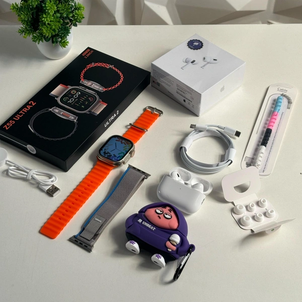 First Time Ultra 2 With AirPods Pro 2 Premium Combo, Including Ocean, Tail Loop Strap, Premium Case - Orange