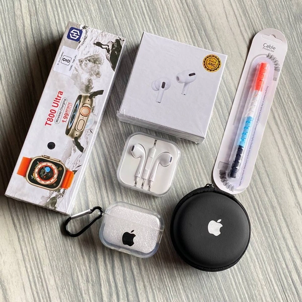 Most Awaited Budget Combo | T800 Ultra Smartwatch, AirPods Tws, Earphone, AirPods Case, Cable Protector  - Black