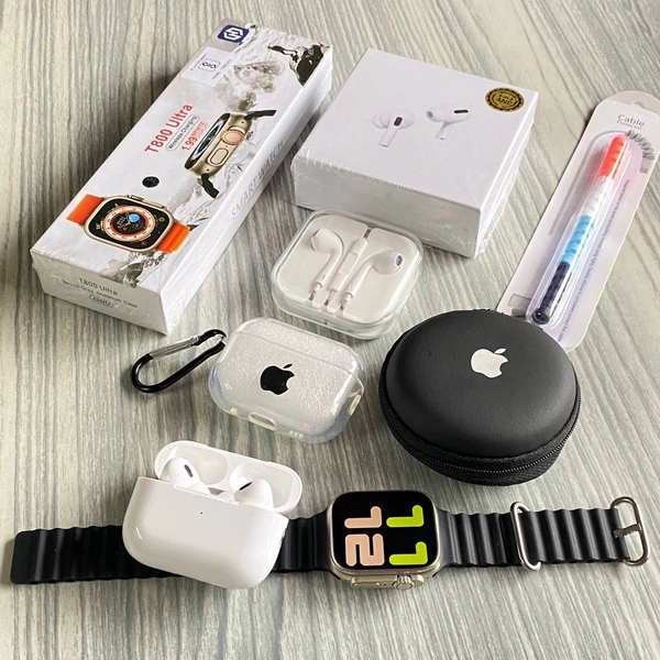 Most Awaited Budget Combo | T800 Ultra Smartwatch, AirPods Tws, Earphone, AirPods Case, Cable Protector  - Black