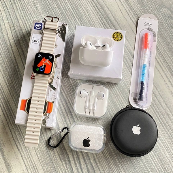 Most Awaited Budget Combo | T800 Ultra Smartwatch, AirPods Tws, Earphone, AirPods Case, Cable Protector  - White