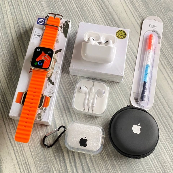 Most Awaited Budget Combo | T800 Ultra Smartwatch, AirPods Tws, Earphone, AirPods Case, Cable Protector  - Orange