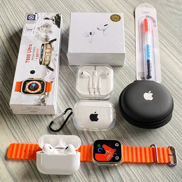 Most Awaited Budget Combo | T800 Ultra Smartwatch, AirPods Tws, Earphone, AirPods Case, Cable Protector  - Orange