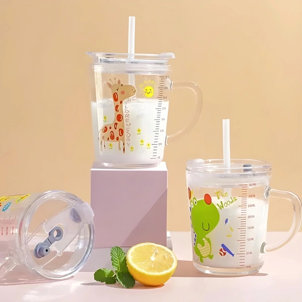 Cartoon Printed Glass Sipper Mug With Lid Perfect For Kids