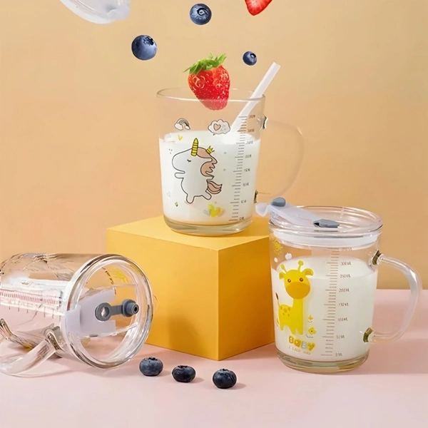 Cartoon Printed Glass Sipper Mug With Lid Perfect For Kids