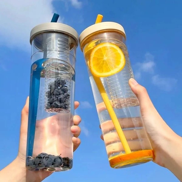 Multipurpose Plastic Fruit Infuser Water Bottle with Straw Cup Filter 700Ml, Pack of 1 (Multicolor) - 1