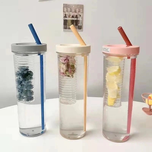 Multipurpose Plastic Fruit Infuser Water Bottle with Straw Cup Filter 700Ml, Pack of 1 (Multicolor) - 1