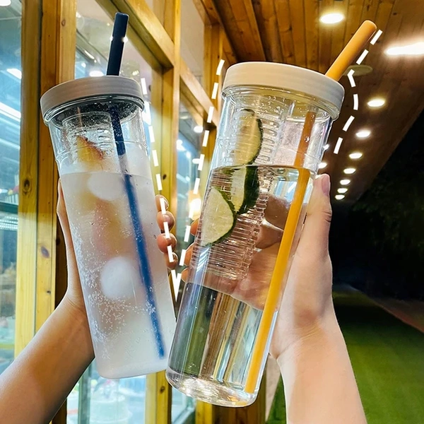 Multipurpose Plastic Fruit Infuser Water Bottle with Straw Cup Filter 700Ml, Pack of 1 (Multicolor) - 2