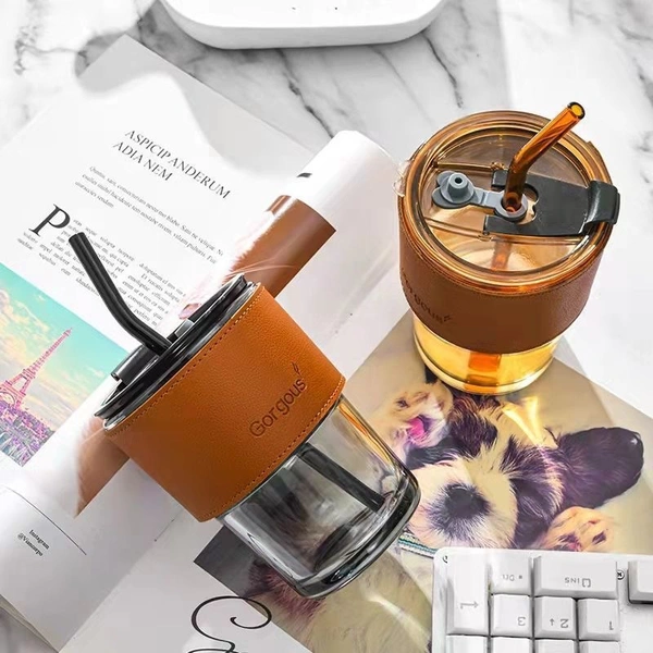 Tea and Cold Coffee Glass Tumbler with Lid and Straw Cups ands for Glass Coffee Mug 450ML